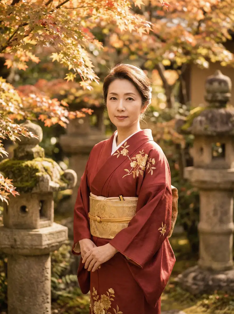 一位身穿暗红色和服的优雅 免费黄色软件 在日式庭院中